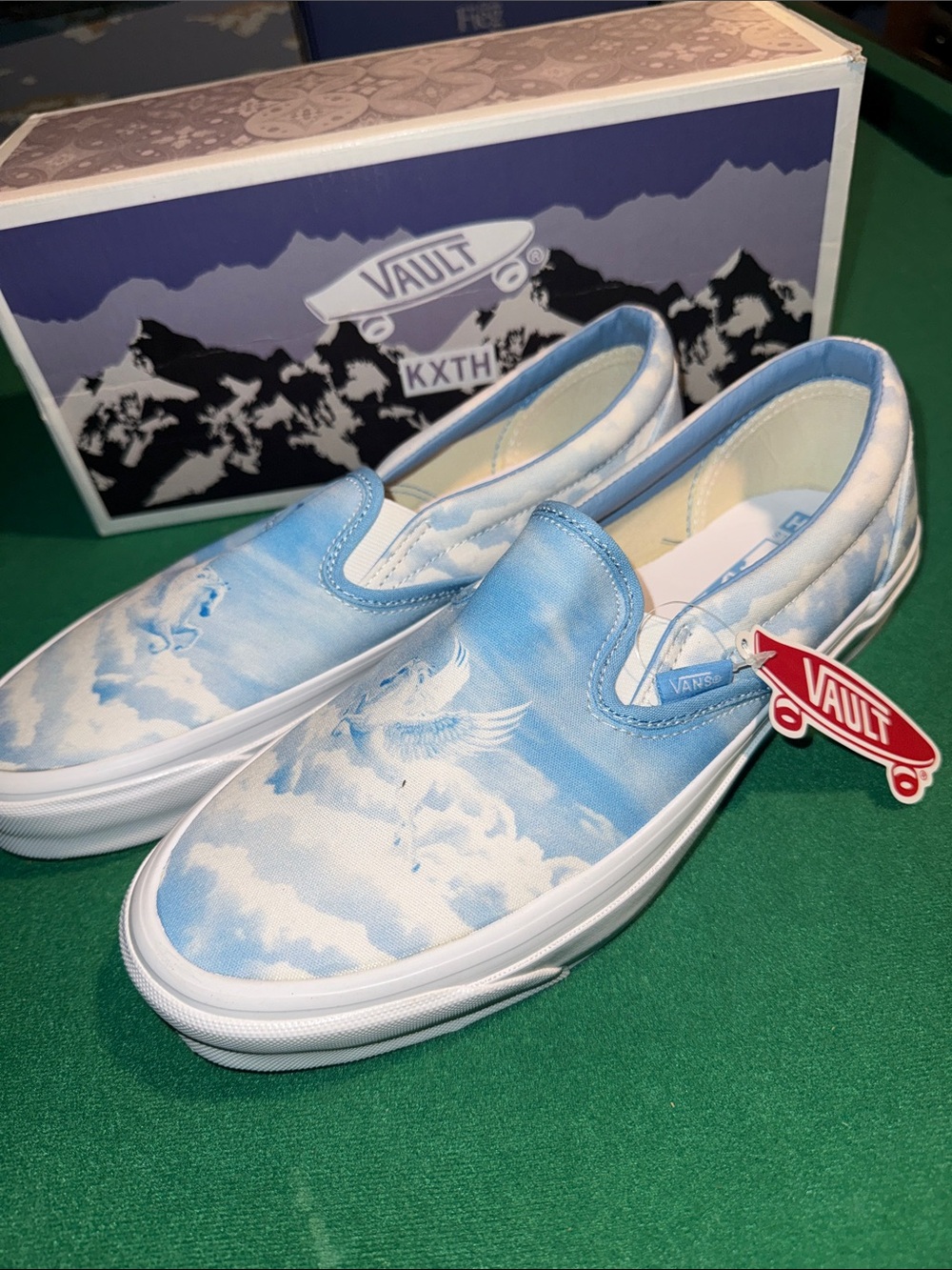 KITH/Vans Vault Slip-On Sneakers in Sky Blue and White Cloud Print
